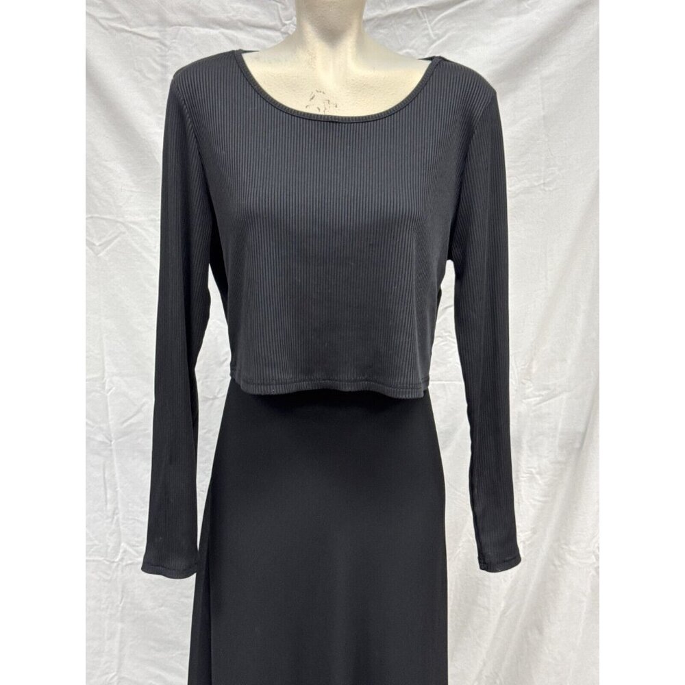 Ekouaer‎ Womens Black Long Sleeve Rib Knit Cropped Top Size XXL Scoop Neck